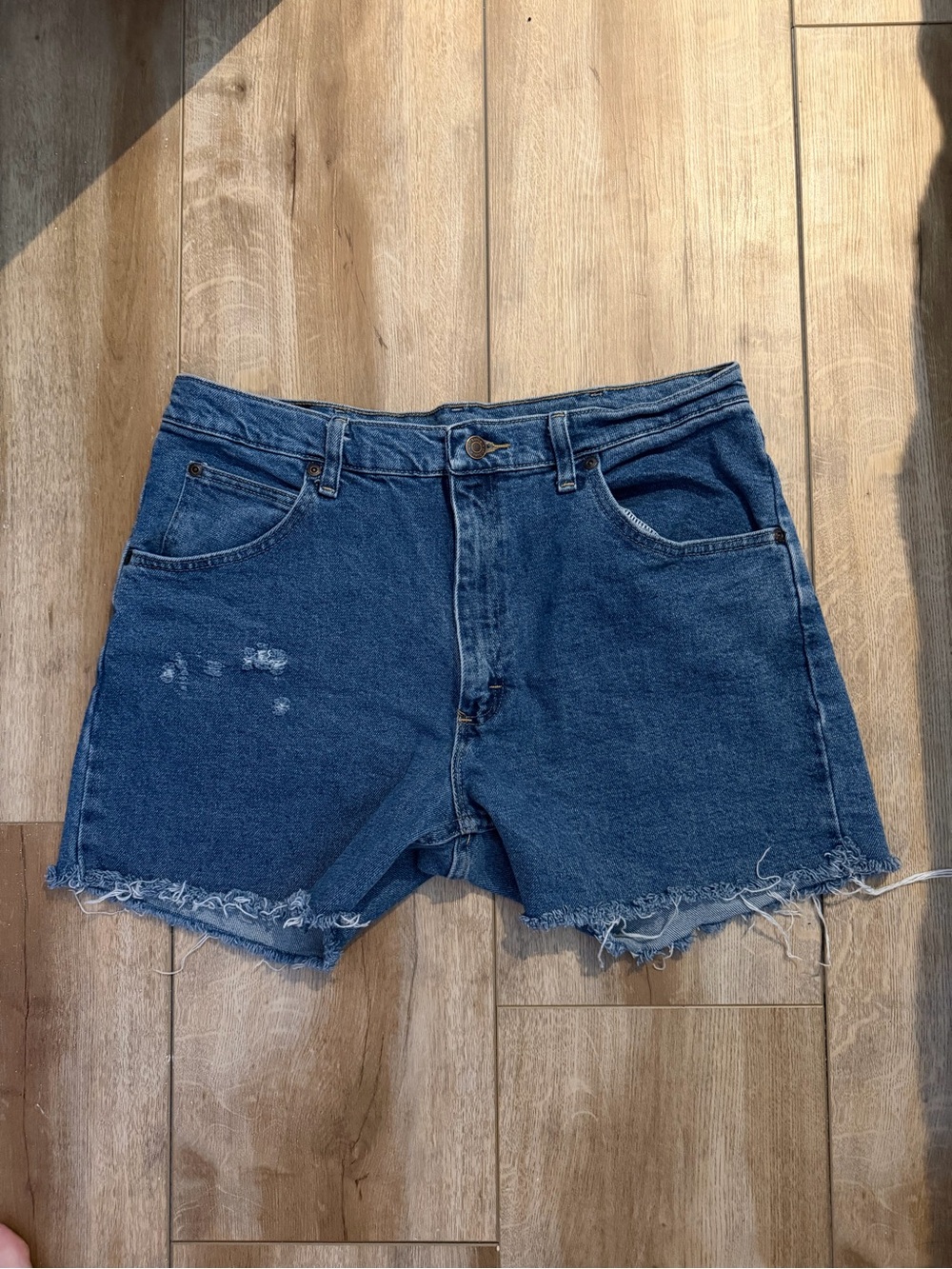 Wrangler Dark Blue Denim Cutoff Shorts with Distressed Hem